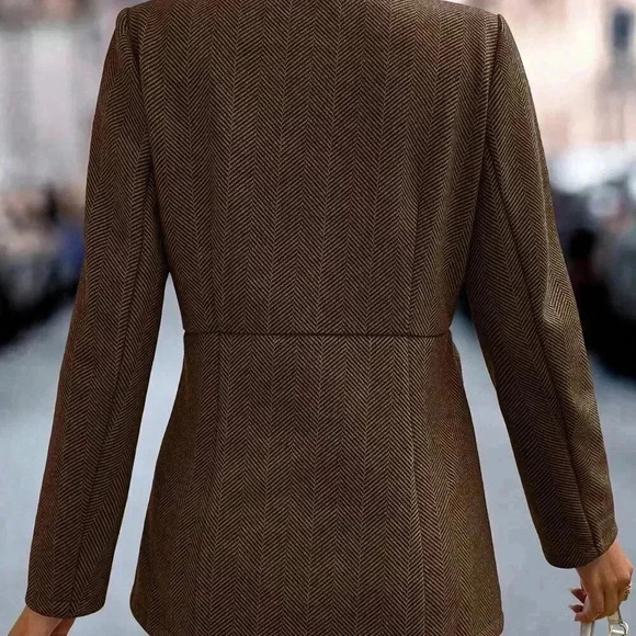 Coffee Brown Casual Women's Herringbone Pattern Long Sleeve Overcoat - Picture 2 of 7